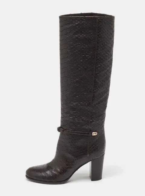 Sergio Rossi Dark Brown Python Embossed Leather Knee Length Boots Size 35.5