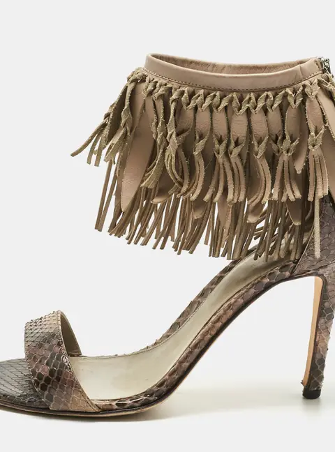 Sergio Rossi Brown Leather and Python Leather Ankle Strap Sandals Size 38
