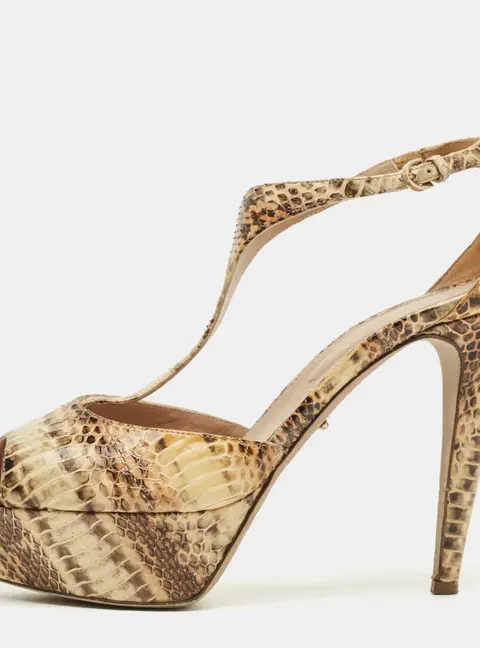 Sergio Rossi Beige/Brown Python Leather T-Strap Platform Sandals Size 39