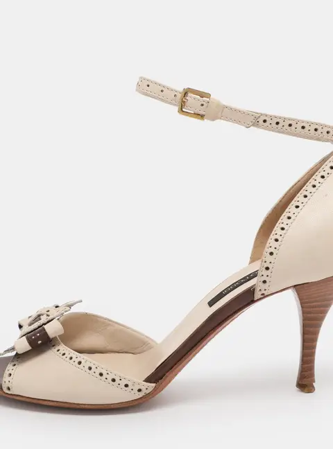 Sergio Rossi White/Brown Leather Bow Ankle Strap Sandals Size 36.5