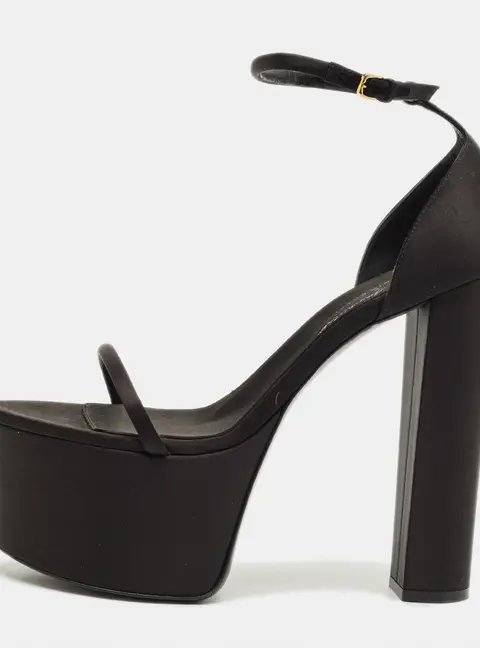 Sergio Rossi Size 41.5 Black Satin Platform Strappy Block Heel Sandals