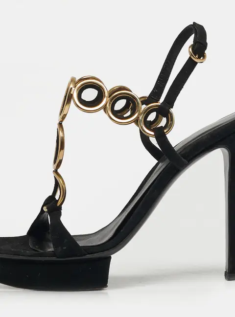 Sergio Rossi Size 40 Black/Gold Metal and T-Strap Platform Slingback Sandals
