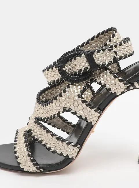 Sergio Rossi Size Gold/Black Woven Leather Ankle Strap Sandals