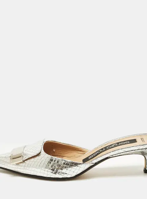 Sergio Rossi Size 36 Silver Croc Embossed Leather Mules