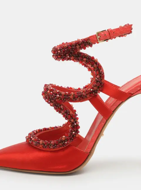 Sergio Rossi Size Embellished 40 Red Python Leather and Satin Ankle Strap Sandals