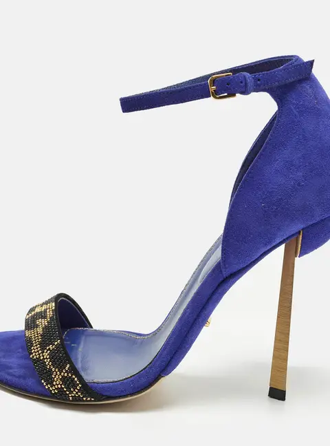 Sergio Rossi Size 37 Blue Suede Embellished Ankle Strap Sandals