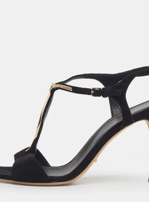 Sergio Rossi Size 38 Black/Metal  Suede Ankle Strap Sandals