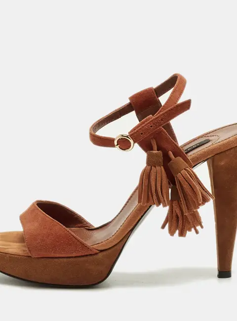 Sergio Rossi Size 37.5 Beige Suede Platform Ankle Strap Sandals