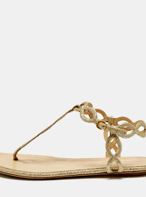 Sergio Rossi Mermaid Size 37 Metallic Gold Glitter Thong Flats