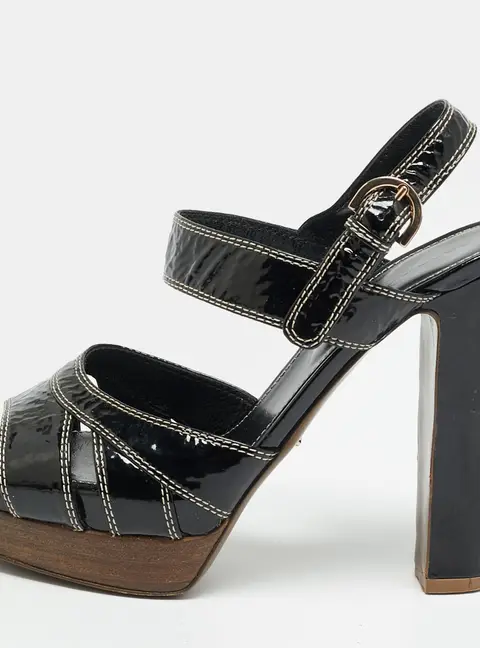 Sergio Rossi Size 37.5 Black Patent Leather Platform Ankle Strap Sandals