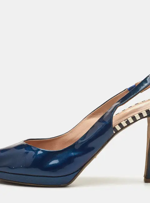 Sergio Rossi Size 40 Navy Blue Patent Leather Peep Toe Slingback Sandals