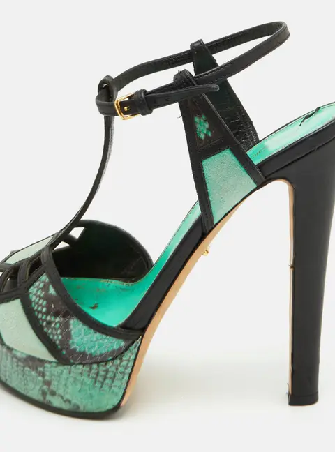 Sergio Rossi Size 37.5 Green/Black Leather and Snakeskin Embossed Leather Platform Sandals