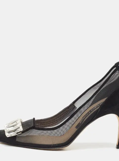 Sergio Rossi Size 38.5 Black Mesh and Suede Crystal Pointed Toe Pumps