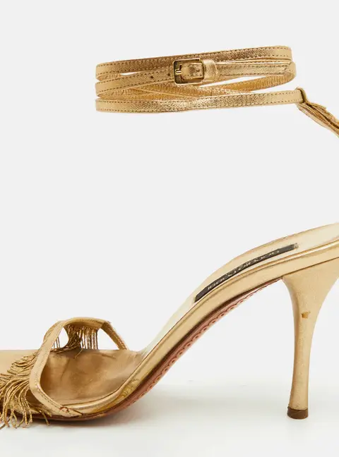 Sergio Rossi Size 37 Gold Metallic Leather Fringe Ankle Strap Sandals