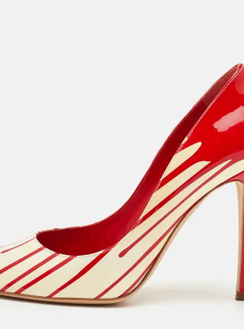 Sergio Rossi Size 37 Red/Off White Drip Paint Patent Leather Peep Toe Pumps