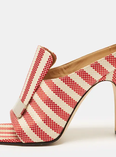 Sergio Rossi SR1 Portofino Size 38 Red/Cream Jacquard Block Heel Mules