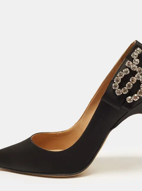 Sergio Rossi Size 38 Black Satin Crystal Logo Bow Pointed Toe Pumps