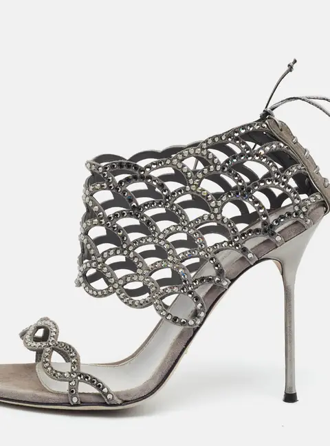 Sergio Rossi Size 39 Grey Suede Crystal Embellished Ankle Strap Sandals