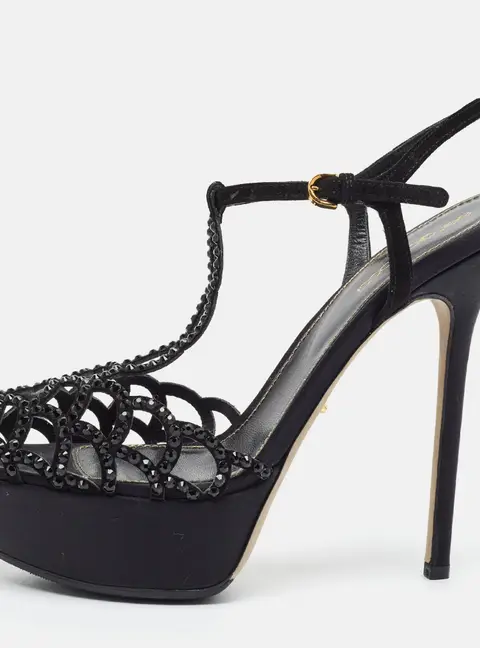 Sergio Rossi Size 38 Black Satin Ankle Strap Sandals