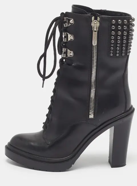 Sergio Rossi Size 37 Black Leather Metal Stones Ankle Length Boots
