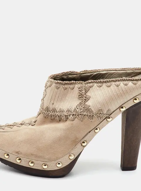 Sergio Rossi Size 34.5 Beige Suede Stitch Detail Platform Mules