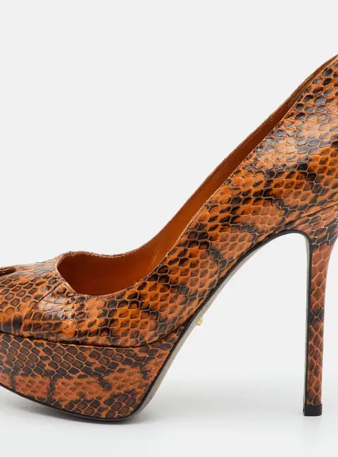 Sergio Rossi Size 34 Orange/Black Python Leather Peep Toe Platform Pumps