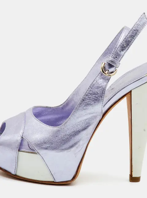 Sergio Rossi Size 34.5 Metallic Purple Leather Open Toe Platform Slingback Sandals