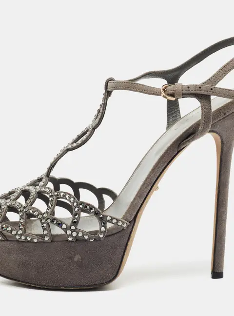 Sergio Rossi Size 39 Grey Suede Crystal Embellished Ankle Strap Sandals