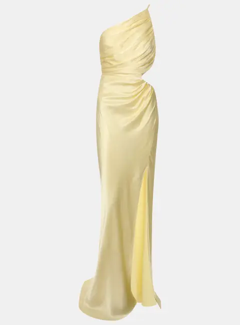 Shona Joy Yellow Satin La Lune Asymmetrical Gathered Maxi Dress