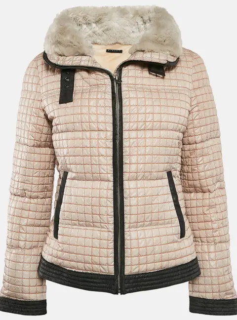 Sisley Beige Crepe Fur Collar Detail Quilted Puffer Jacket M