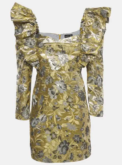 Sister Jane Gold/Silver Floral Pattern Jacquard Puff Sleeve Mini Dress S