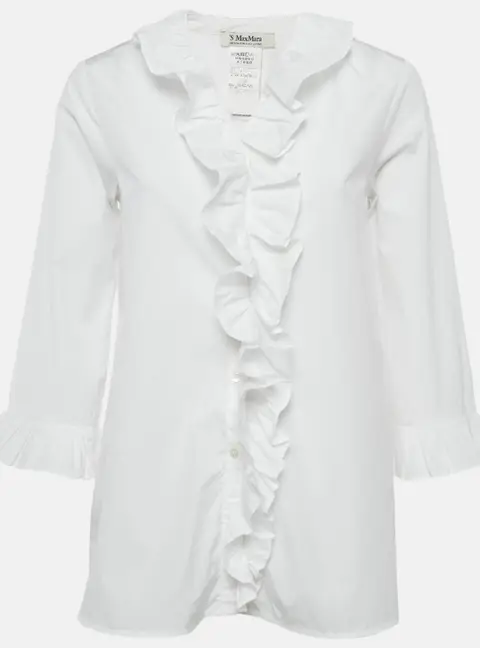 S'Max Mara White Cotton Ruffled Button Front Shirt S