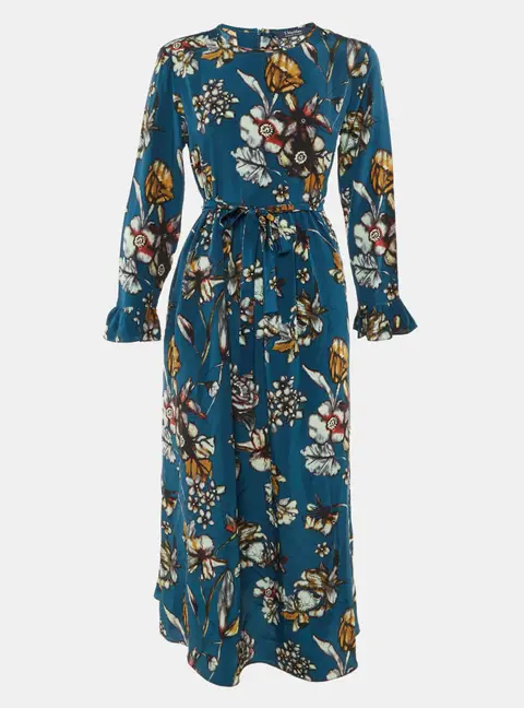 S' Max Mara Teal Blue Floral Print Silk Midi Dress L