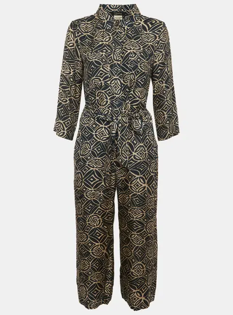 S'Max Mara Beige/Teal Geometric Print Satin Collar Jumpsuit M