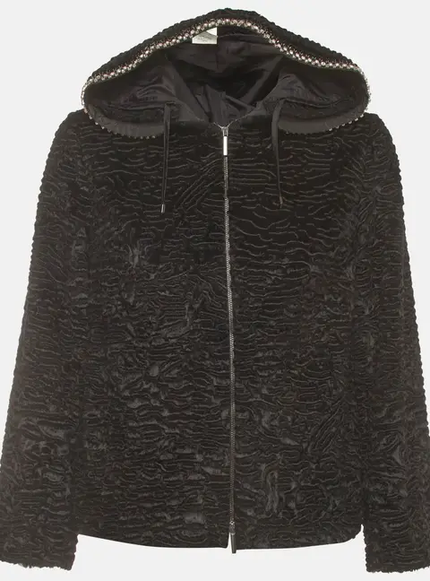 'S Max Mara Black Crystal Embellished Textured Fur Hooded Jacket S