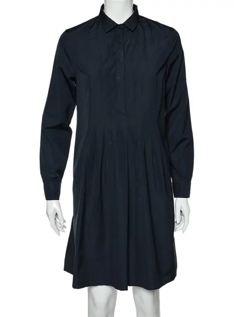 S'Max Mara Navy Blue Cotton Pleated Shirt Dress M