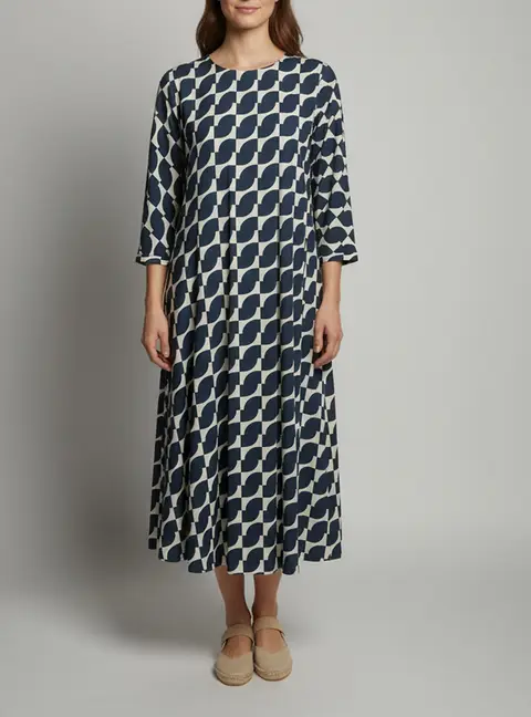 'S Max Mara Navy Blue Echo Print Cotton Midi Dress M