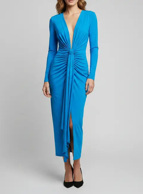 Solace London Blue Stretch Crepe Draped Lorena Midi Dress S