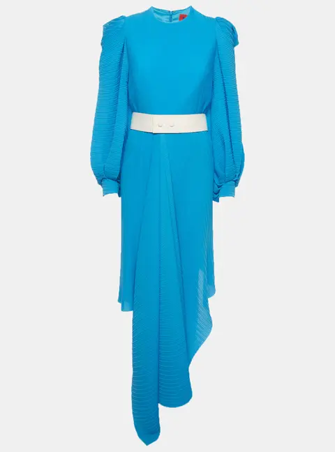 Solace London Blue Pliss&eacute; Asymmetric Belted Tilde Maxi Dress M
