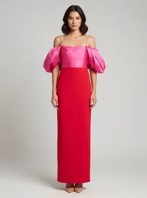 Solace London Pink/Red Silk and Stretch Crepe Off Shoulder Maxi Dress M