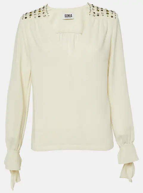 Sonia by Sonia Rykiel Cream Crepe Embellished V-Neck Top M