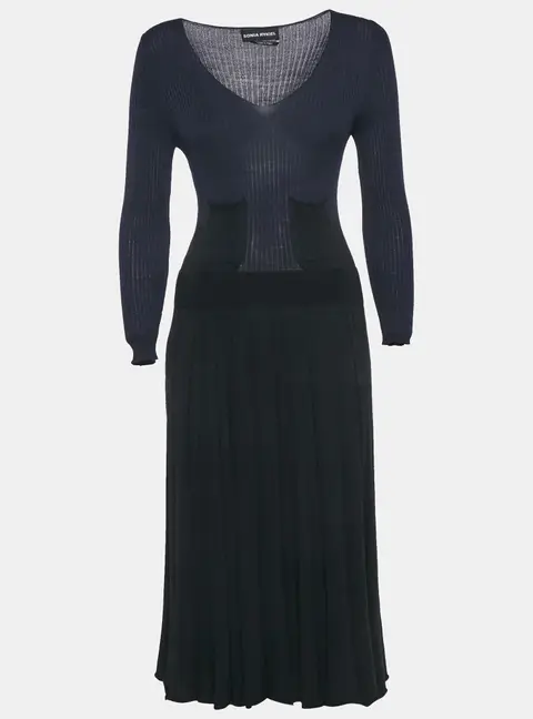 Sonia Rykiel Navy Blue/Black Rib Knit V-Neck Midi Dress M
