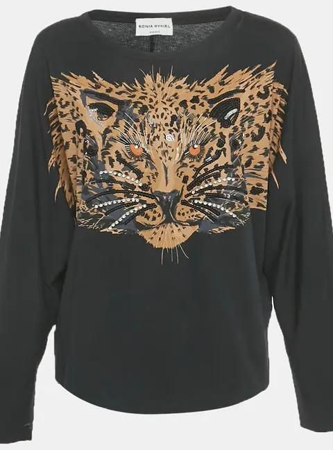 Sonia Rykiel Black Tiger Print Jersey Beaded Top L