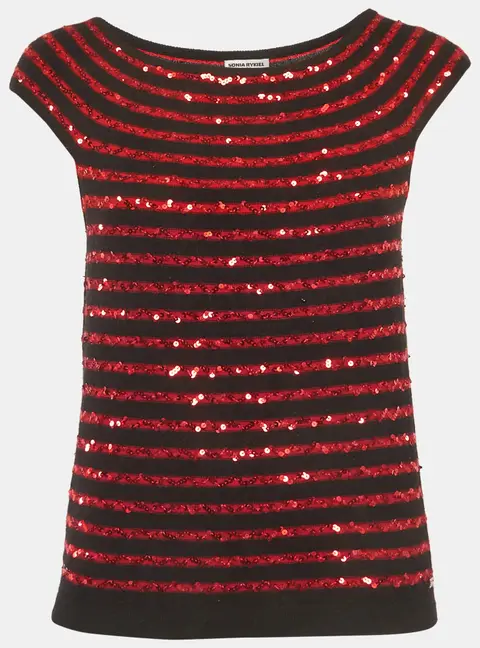 Sonia Rykiel Black/Red Sequin Striped Cashmere Top L