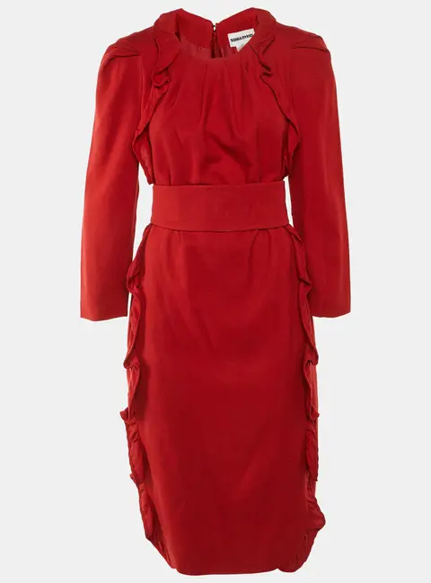 Sonia Rykiel Red Wool & Silk Belted Midi Dress L