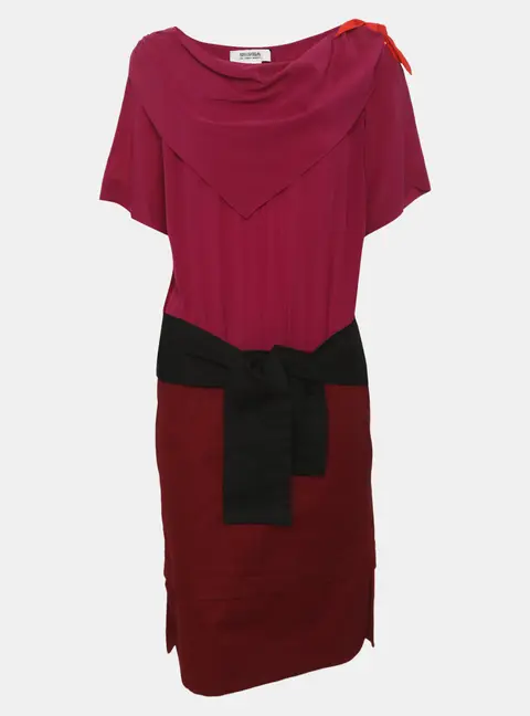 Sonia Rykiel Purple/Burgundy Crepe and Denim Knee Length Belted Dress M