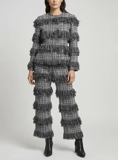 Sonia Rykiel Black/White Tweed Fringed Jacket And Trouser Set S