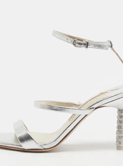 Sophia Webster Rosalind Size 37 Metallic Silver Foil Leather Crystal Embellish Ankle Strap Sandals