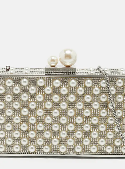 Sophia Webster Crystal and Pearl Embellished Clara Silver Box Chain Clutch
