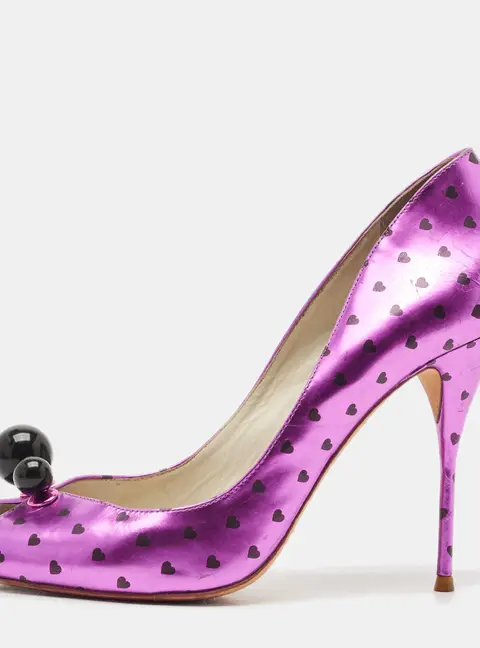 Sophia Webster Metallic Purple Heart Print Leather Loren Peep Toe Pumps Size 41